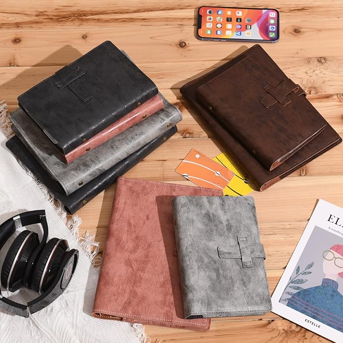 Wonderpool Leather Journal Refillable Binder A6 Writing Notebook Folder Organiser with Dotted Paper & Multi Pockets Cover for Business School Travel (A6, Coffee)