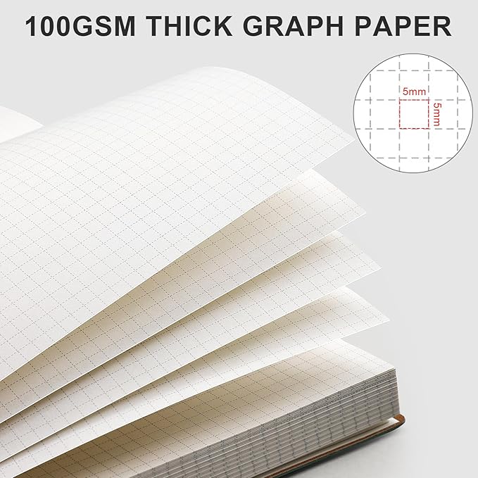 AHGXG Graph Paper Notebook - 320 Pages Grid Paper Notebook Large Journal B5, 100gsm Thick Graph Paper, Leather Softcover, Inner Pocket, 7.6'' X 10''- GrayBlue