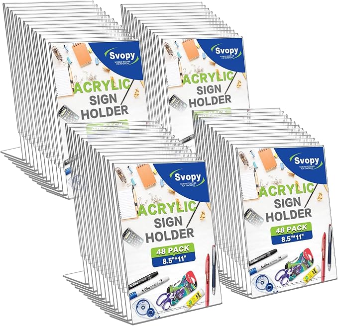 Acrylic Sign Stand Holders - 8.5 x 11 Inches Clear Plastic Table Paper Display Stand Suit for Displaying Posters, Picture, Flyers, Menu - 48 Pack