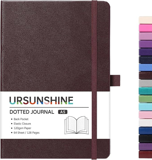 Dotted Journal/Notebook - Dot Grid Hard Cover Notebook, Premium Thick Paper with Fine Inner Pocket, Black Smooth Faux Leather, Pen Loop, 5.3'' x 8.26'' - Brown