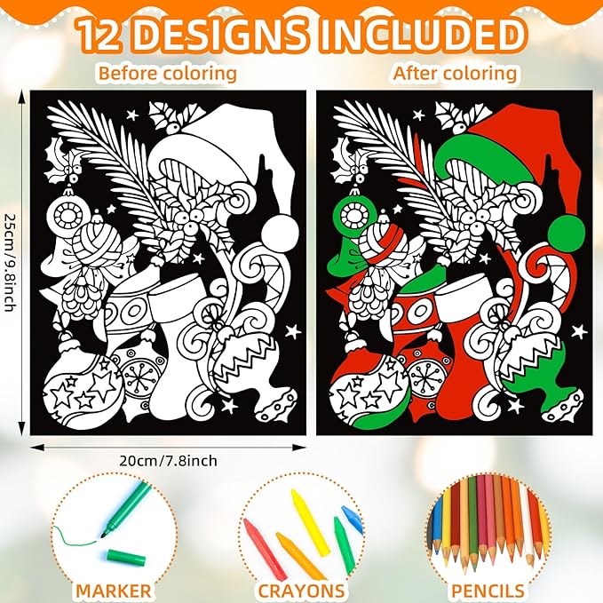 Zhanmai 48 Pcs Christmas Velvet Coloring Posters for Kids - Felt & Fuzzy Coloring Sheets DIY Craft Project