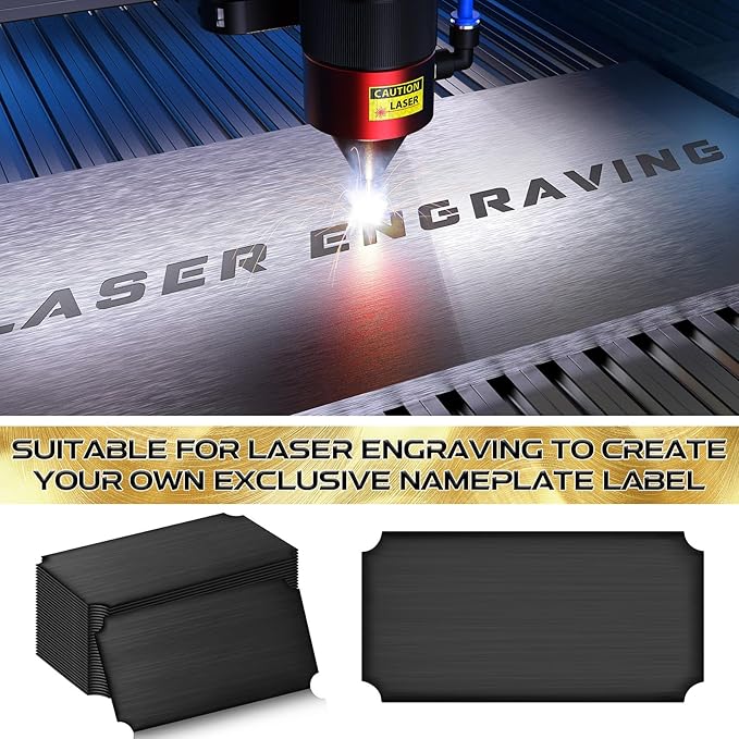 Therwen 30 Pcs Name Plates Laser Engraved Brushed Stainless Steel Plate Personalized Plaque Blank Custom Name Tag Frame Label with Adhesive Backing(Black Notched Corner,4''x 2'')