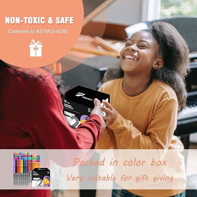 TOWON Permanent Markers 72 Assorted Colors - Waterproof Colored Pens Set 45 Fine Tip, 8 Ultra Fine, 8 Chisel Tip, 6 Neon, 5 Metallic Markers Home Office School Supplies for Kids, Adults Coloring