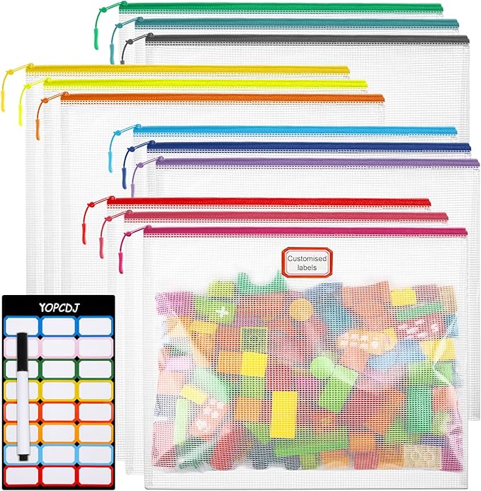 12pcs Mesh Zipper Pouch Bags, A4 Puzzle Bag (12 Colors, 12 Packs) for Organizing, Classroom Must Have Storage Bag, File Bags for School, Board Games and Office Supplies