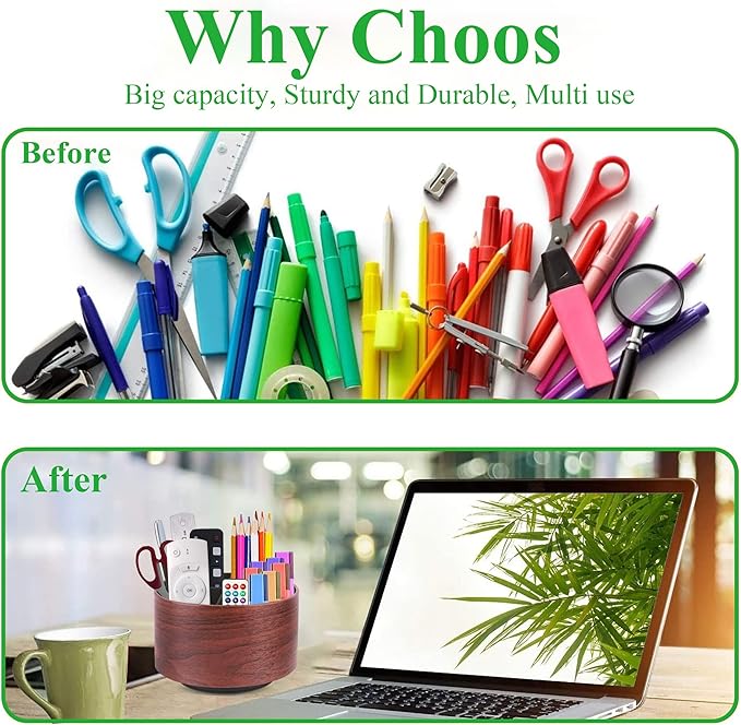 Hennaja Round Leather Art Supply Organizer,Remote Control Holder,360 Degree Spinning,Multi-Functional Pencil Holder,4 Compartments Desktop Stationary Organizer(1-Light Brown2)