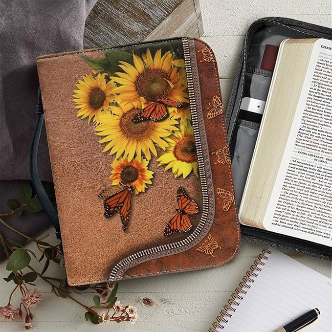 Lotusorchid Butterfly Bible Bags, Sunflower Faux Leather Bible Covers with Handle Pockets for Women, Portable Sturdy Bible Bag for Girls Ages 8-12, Christian Bible Study Accessories, Brown,XL