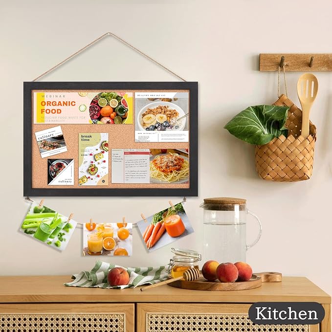 Miratino Cork Board Bulletin Board, 16 x 11 Inches Wooden Frame Pin Board, Cute Cork Boards for Walls Hanging for Office, Home Decor, School (Pins, Clips, Strings) Black