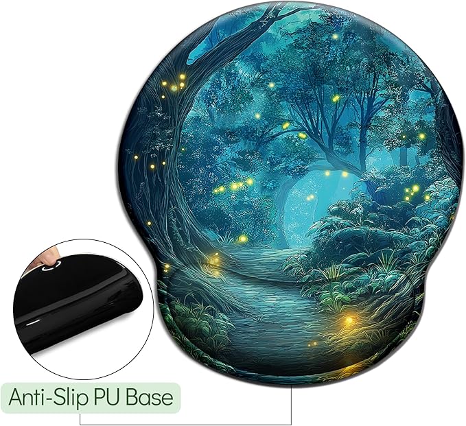 Firefly Forest Mouse Pad with Wrist Rest, Ergonomic Mouse Pad Wrist Support with Non-Slip Pain Relief PU Base, Funny Computer Mousepad, Cute Office Supplies Home Desk Accessories Decor