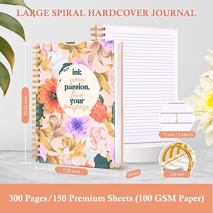 Spiral Notebook - 10.25" x 7.25" 300 Pages - Notebooks College Ruled, Prayer Journal, Wide Ruled Notebook Paper, Beautiful Gift for Women (Ink Your Passion) Floral