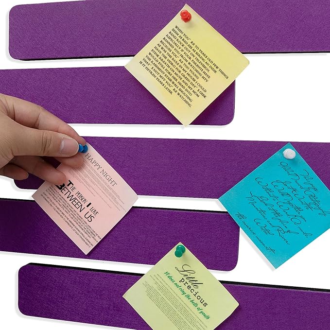 Felt Pin Board Bar Strips Bulletin Board for Bedrooms Offices Home Wall Decoration, Notice Board Self Adhesive Cork Board with 35 Push Pins for Paste Notes, Photos, Schedules (Purple)