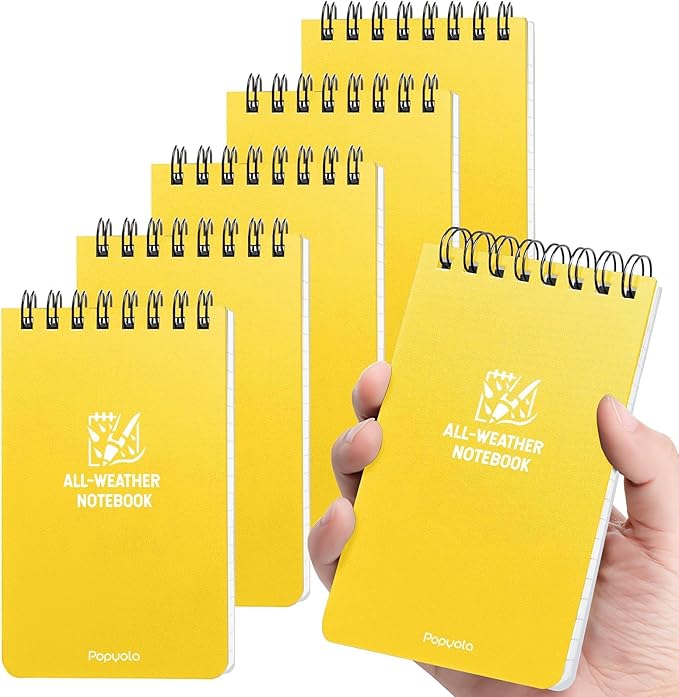 POPYOLA 6 Pack Waterproof Pocket Notebook, 3x5 Pocket Notepad, All Weather Mini Spiral Notepad, Write in the Rain Police Notepad with 100 Squared Pages for Outdoor Home Office School, Yellow