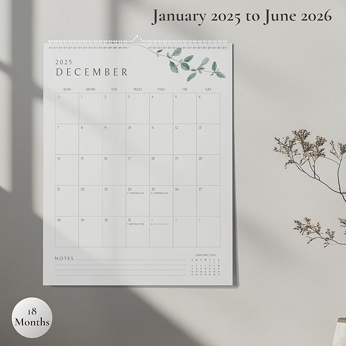 Vertical Greenery Wall Calendar 2025, 18 Months Calendar for Wall January 2025 to June 2026, 11x13.5 Inches Spiral Twin-Wire Binding