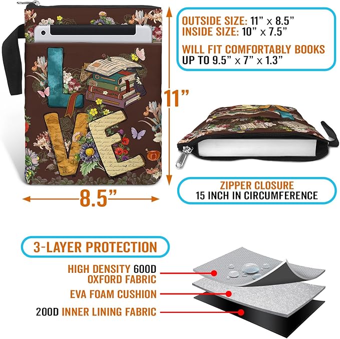 Book Cover With Zipper and Front Pocket - Sleeve Gift for Book Lovers and Librarians - Washable Fabric 11 X 8.5 Inch Padded Protector Pouch