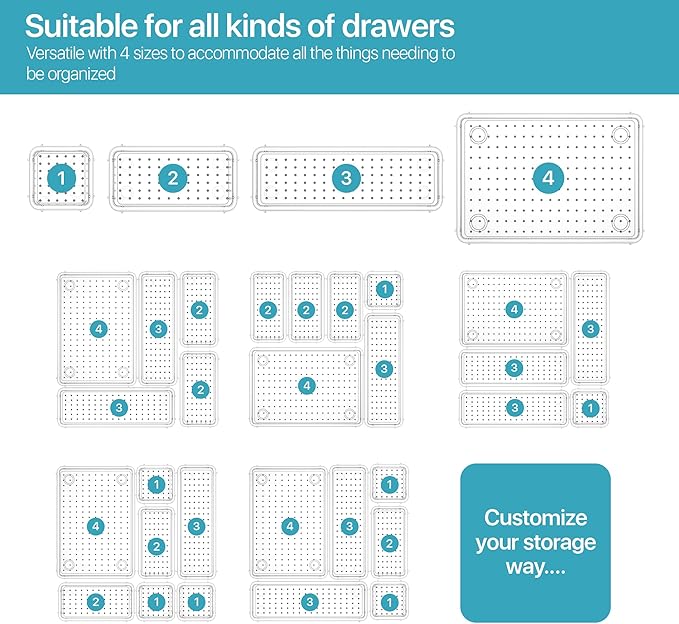 ZMS ZMS Bathroom Organizers and Storage (15 pcs) - 4-Size Multi Compartments Shallow Makeup Drawer Organizer for Kitchen Utensils & Office Accessories | Unbreakable Drawer Trays Bins for Organization