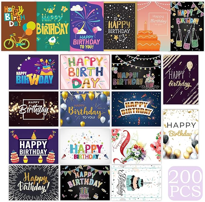 200 Set Unique Happy Birthday Card Bulk with Envelope and Sticker Blank Greeting Card Large 5 x 7 Inch Suitable for Office Kids Women Men, 20 Styles(Actual Style)