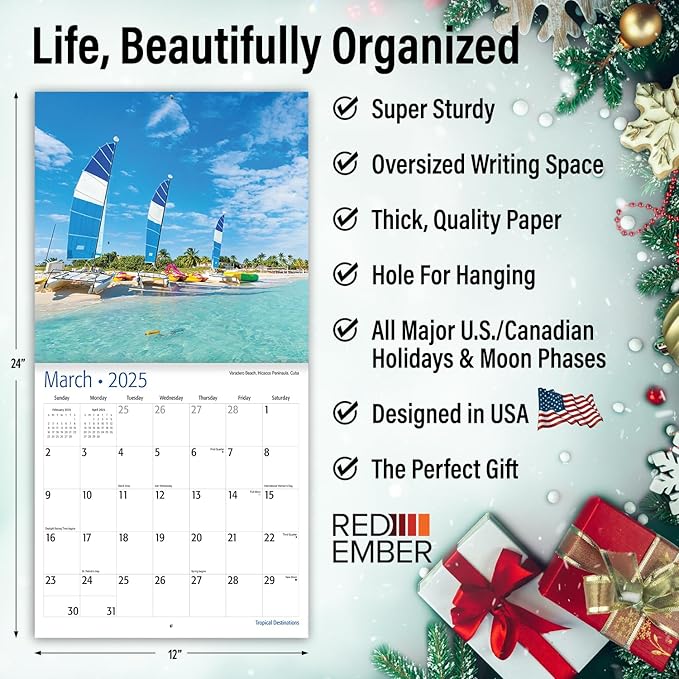RED EMBER Tropical Destinations 2025 Wall Calendar 12 Month | 12" x 24" Open | Thick & Sturdy Paper | Giftable | Calendar 2025