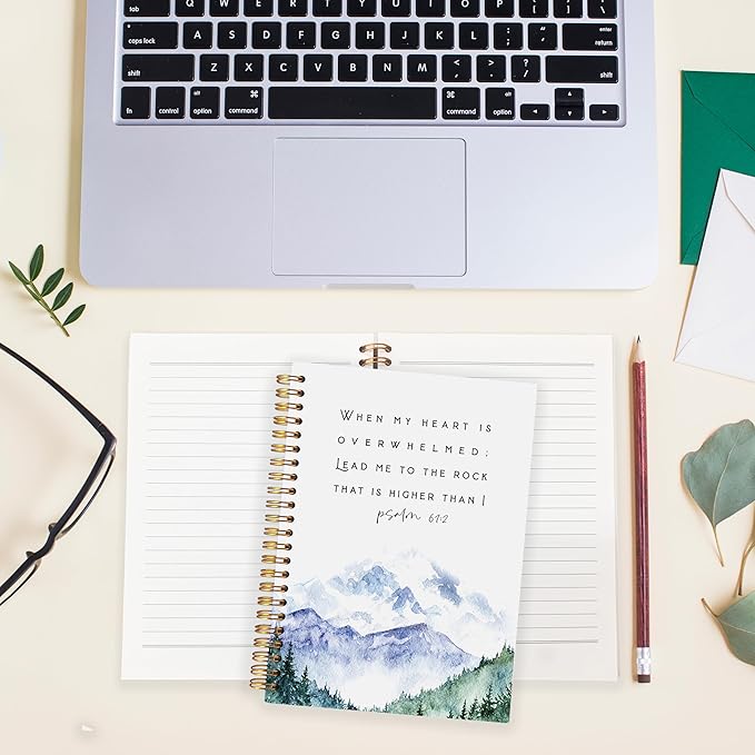 BearCake Christian Notebook Journal, Prayer Journal for Women, Lead Me To the Rock That is Higher Than I Bible Notebooks for Note Taking, Watercolor Mountain Hardcover Spiral Notebook 5.5x8.3