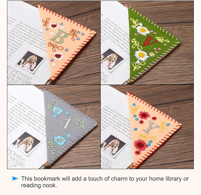 PATIKIL Personalized Embroidered Corner Bookmark, Cute Flower Felt Stitched Triangle Book Mark Page Marker for Women Men Book Lovers Teachers, Pink, Letter O