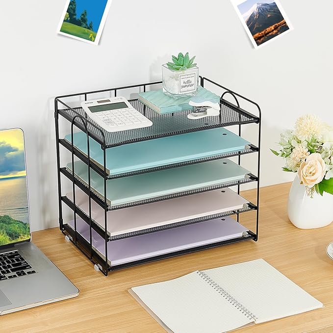 5 Tier Mesh Paper Letter Tray Organizer, Desktop Mail Sorter Office Supplies Organizer for Desk, Desk Organizers and Accessories (Black)