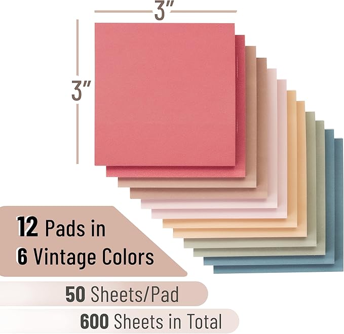 Mr. Pen- Sticky Notes, 3”x3”, 12 Pads, Vintage Colors Sticky Notes, Sticky Note, Self-Stick Note Pads, Sticky Pads Sticky Notes Aesthetic, Colorful Sticky Notes, Sticky Notes Bulk Sticky Notes