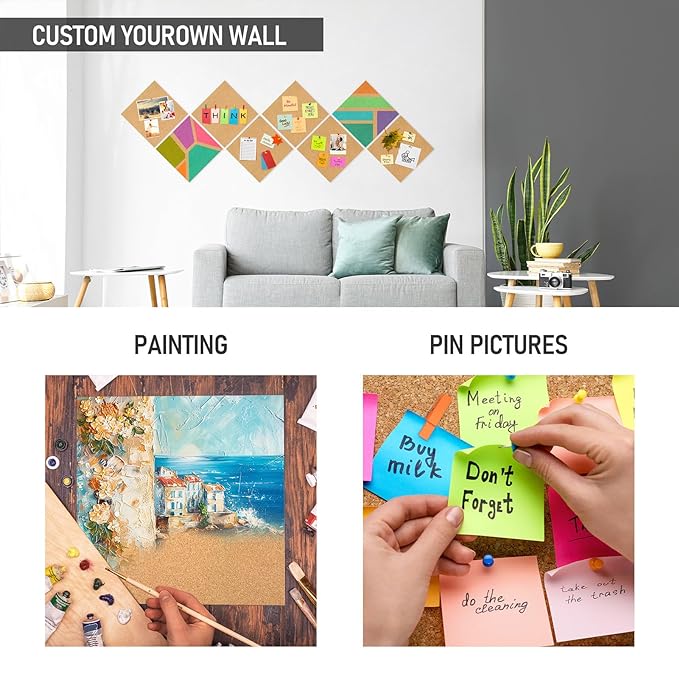 Cork Board Tiles - 4 Packs Adhesive Corkboards for Wall, Small Cork Board Squares Decorative for Office, School & Home