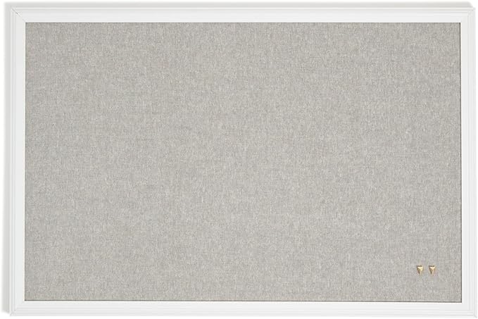 U Brands Farmhouse Linen Bulletin Board, 30"x20", White Wood Style Frame, Includes Push Pins