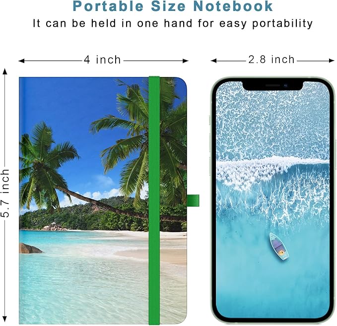 Small Notebook, Mini Pocket Journal A6 5.7" x 3.9", Leather Hardcover Journal with Pen Holder, 160 Thick Papers, Cute Lined Notebook Small Notepad for Women Writing Work Travel, Coconut Trees