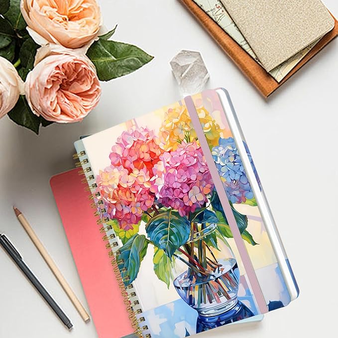 Yoiilifee Spiral Notebook - A5 Spiral Notebooks, 8.3'' × 5.8'', 160 Pages, Aesthetic Journaling Notebooks for Women, College Lined Notebook with Elastic Closure, Back Pocket, for School Office, vase