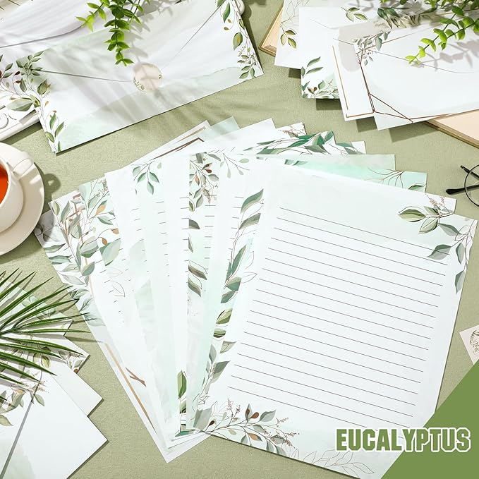 TaoBary 160 Packs Stationery Paper Set (50 Double Sided Stationery Writing Papers 50 Matching Envelopes) 60 Round Dot Sticker, 10 Design (8.5 x 11 Inch,Green Leaves)