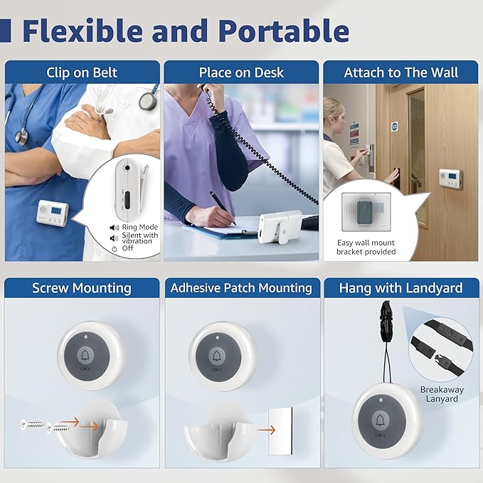 Nurse Call System Wireless Call System with 1 Portable Caregiver Pager 10 Call Buttons and 1 Central Monitoring Unit for Seniors Patients Clinic Emergency Nursing Care Home