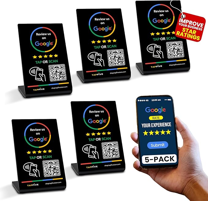 Tap Google Review Stands (5-Pack) Tap for Instant Reviews - All Phones Compatible - Reusable Smart Tap NFC & QR - Boost Business Reviews Zappy Fast - Powered (Black, 5 Stands)