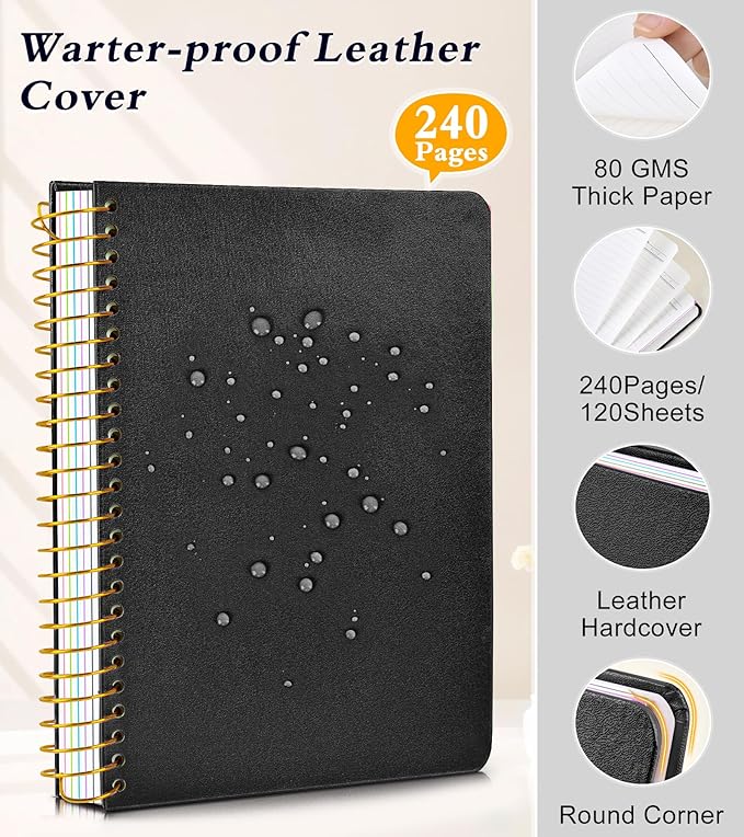 5 Subject Notebook College Ruled with Removable Pocket Dividers Tabs, 240 Pages Spiral Notebook 8.5 x 11, Lined Journal Notebook for Women , Hardcover Notebooks for Work School Note taking A4 Black