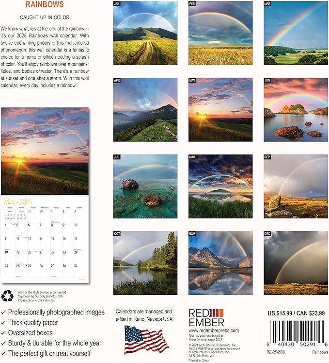 RED EMBER Rainbows 2025 Wall Calendar 12 Month | 12" x 24" Open | Thick & Sturdy Paper | Giftable | Calendar 2025