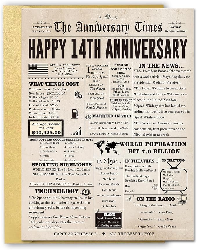 Vintage 14th Anniversary Card Gift for Him Her, Large 14 Year Wedding Anniversary Card Gift for Mom Dad Parents, Ivory Anniversary Card for Wife Husband Couple