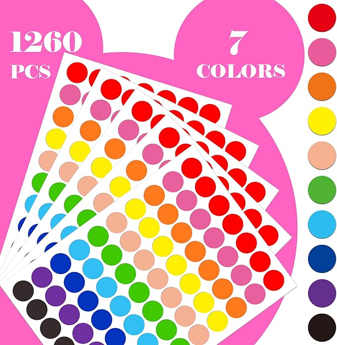 1260 PCS Colored Dot Stickers,3/4" Colored Circle Stickers,10 Color Style Sticky Dots,Garage Sale Price Stickers,Round Color Coding Dot Labels Circle Labels