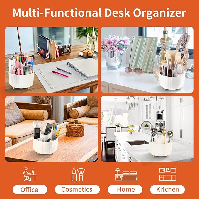 Desk Pen Holder, 5 Slot 360 Rotating Pen Organizer for Desk, Desktop Storage Stationery Supplies Organizer, Cute Pencil Cup Pot for Office, School, Home, Art Supply, Beige