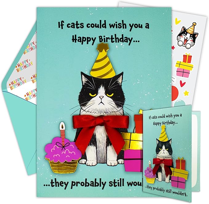Decorably Gold-Foiled 5x7in Individual Funny Cat Birthday Card with Birthday-Themed Cutouts and Ribbon, Textured Cat Card Set with Envelope and Stickers, with Printed Message Inside