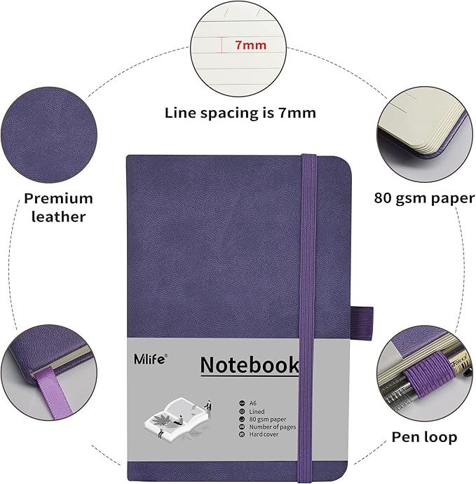 A6 Small Journal Notebook, Lined Pocket Notebook with Pen Holder, Mini Notebook Hardcover, 192 Pages, 3.9 inches * 5.5 inches Jurnal for Women and Man (3Pack Purple)