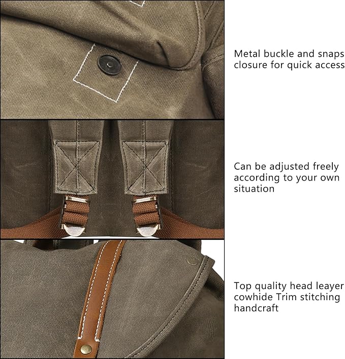 Backpack for Men Heavy Duty Waxed Canvas Vintage Women Trim Casual 15.6" laptop Travel Backpack-Olive green