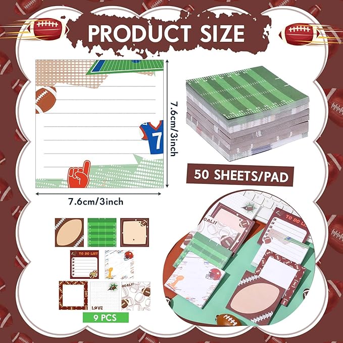 Thenshop 9 Pads Sport Sticky Notes Ball Self Stick Notepads 3x3 Inches Notes Cute Adhesive Memo Pad Gifts for Office Sports Birthday Party Favors(Football)