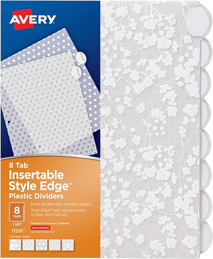 Avery Insertable Style Edge Plastic Dividers for 3 Ring Binders, 8-Tab Sets, Assorted White Frosted Designs, 24 Sets, 192 Divider Tabs (11291)