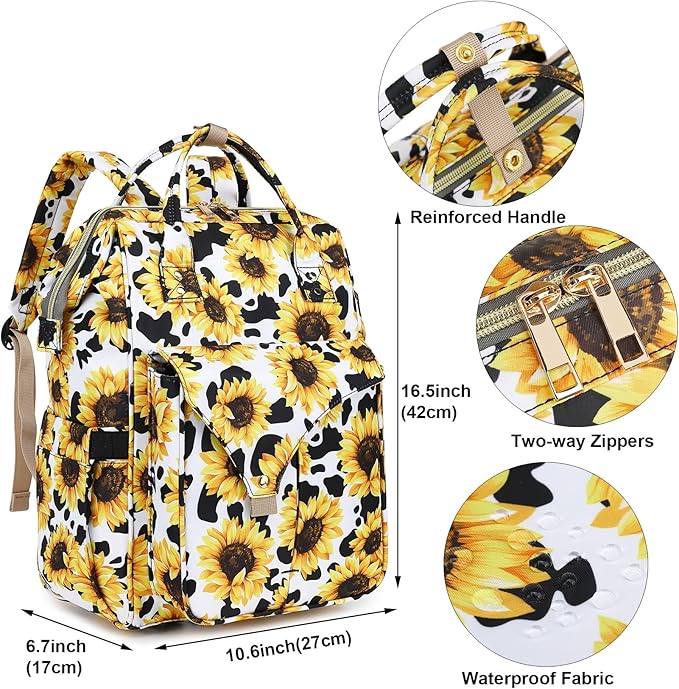 Sunflower Cow Print Laptop Backpack College School Backpack Bookbags Nurse Backpacks Travel Bags Casual Daypacks for Women Girls Fits 15.6 Inch Notebook