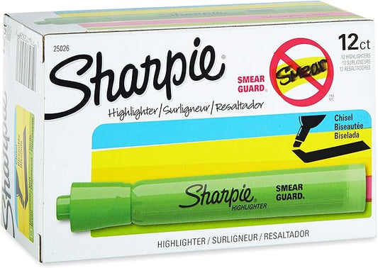 Sharpie Tank Style Highlighters, Chisel Tip, Fluorescent Green, Box of 12