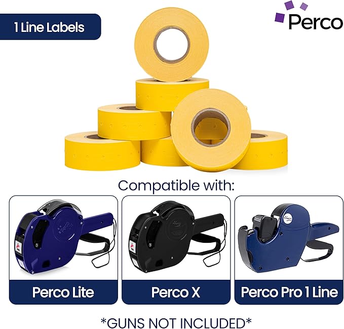 Perco 1 Line Yellow Labels - 8 Rolls, 1 Sleeve, 8,000 Blank Price and Date Gun Labels for Perco 1 Line Price and Date Guns - Made in USA
