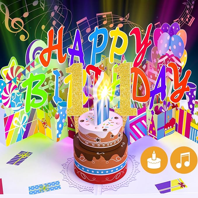 Gumry 11TH Musical Birthday PopUp Card, Blowable Colorful Light Candle 3D Cards with Song, Applause Cheers Sound, Greeting Cards Birthday Gifts Decorations for Girls Boys Turning 11 Years Old