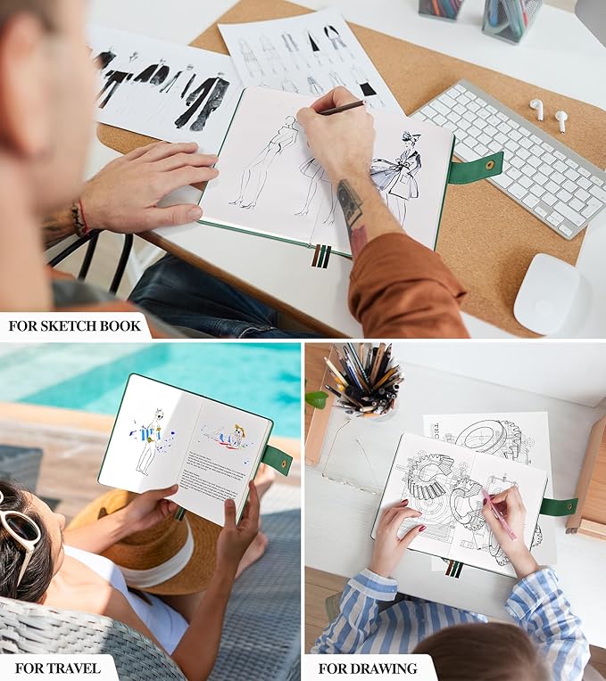 Blank Journal Notebook, A5 Hardcover Leather Sketchbook with 200 Pages Thick Blank Paper for Men Women, Unlined Drawing & Writing Journal, 5.9" x 8.4" Plain Notebook (green)