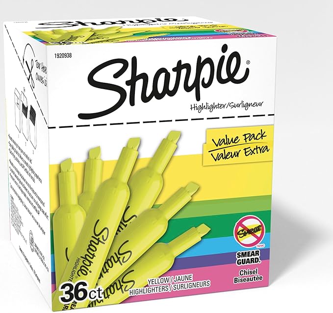 Sharpie Tank Style Bulk Highlighters, Chisel Tip Highlighter Marker Set, Journal Highlighters, Office And Teacher Supplies, Fluorescent Yellow Highlighters, 36 Count