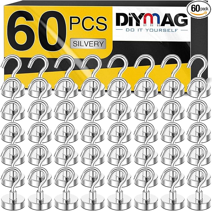 DIYMAG 60 Pack 30Lbs Magnetic Hooks for Cruise, Grill, Towel, Indoor Hanging, Home, Kitchen, Workplace, Office and Garage, Silver Pegboard Hooks Pack of 60