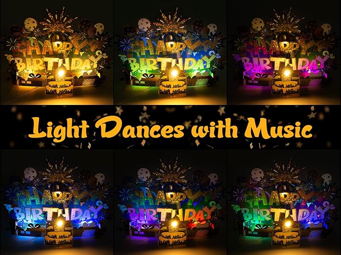 Birthday Card | Musical Pop Up Birthday Cards w Light | Blow Out LED Light Candle & Play Happy Birthday Music Pop Up Card | Greeting Cards Gifts for Him or Her | Black Gold (Blowable Candle)