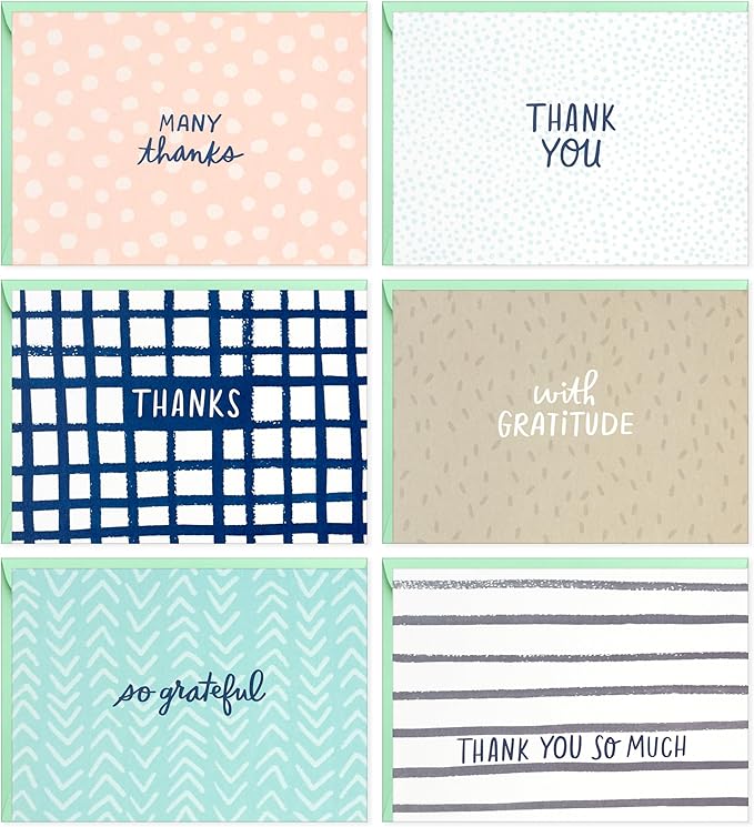 Hallmark Minimalist Thank You Note Card Assortment (48 Blank Cards with Envelopes) Mint Chevron, Blush Polka Dot, Stripes